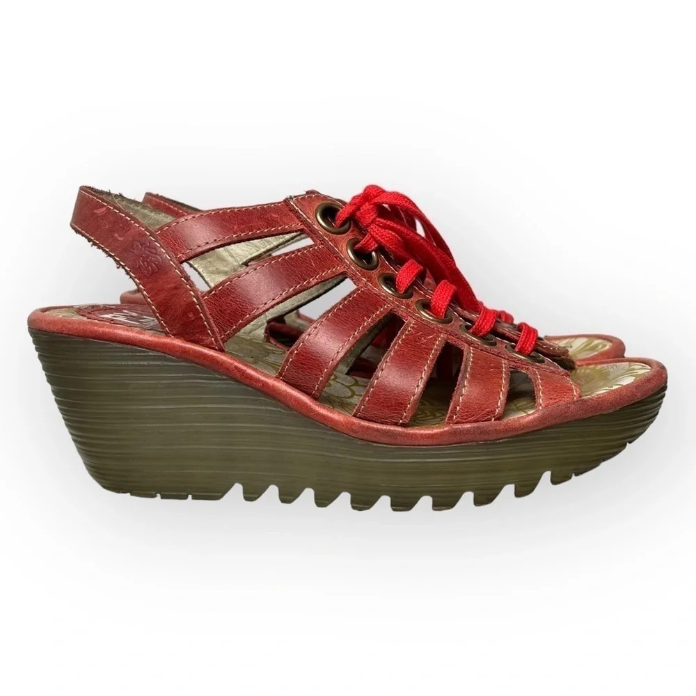 Fly  London Yito Red Lace-Up Slingback Wedge Sandals 36